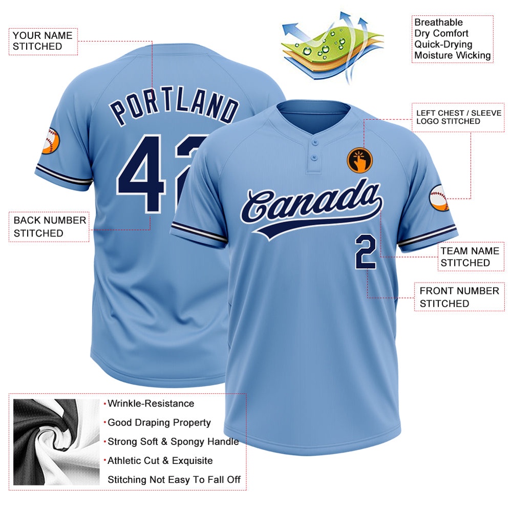 Light Blue Navy White Two Button Unisex Softball Jersey, Custom Team Softball Jersey