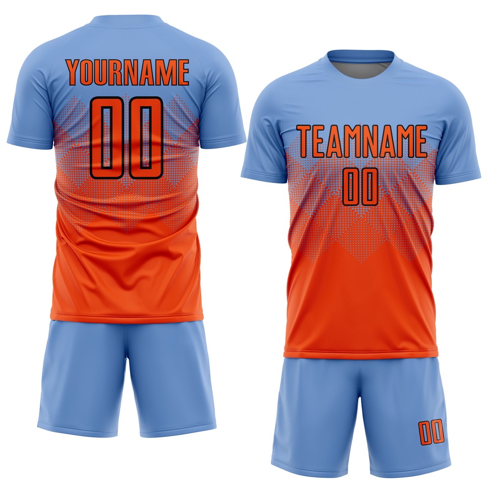 Light Blue Orange Black Sublimation Soccer Uniform Jersey, Custom Team Soccer Jersey Shirt