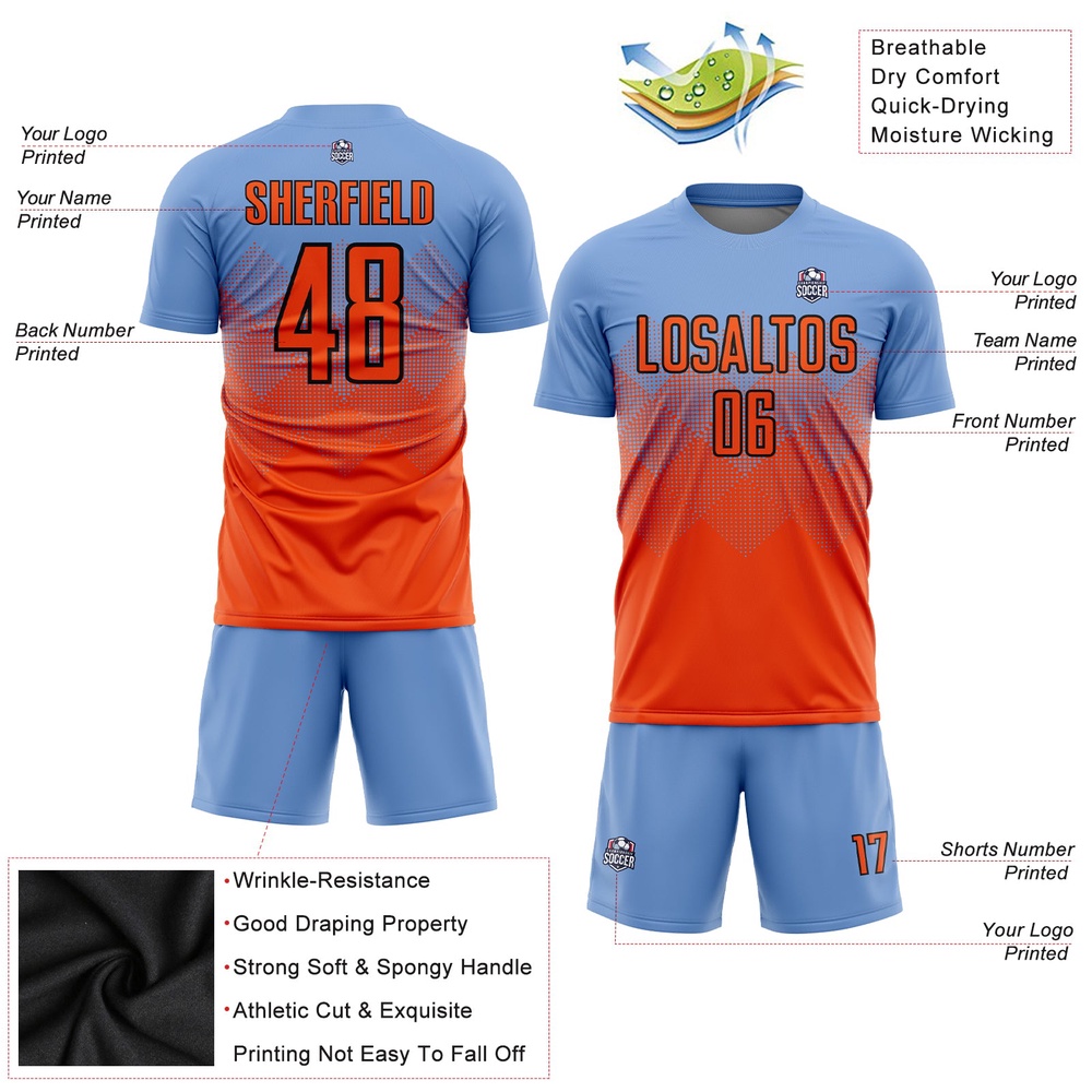 Light Blue Orange Black Sublimation Soccer Uniform Jersey, Custom Team Soccer Jersey Shirt
