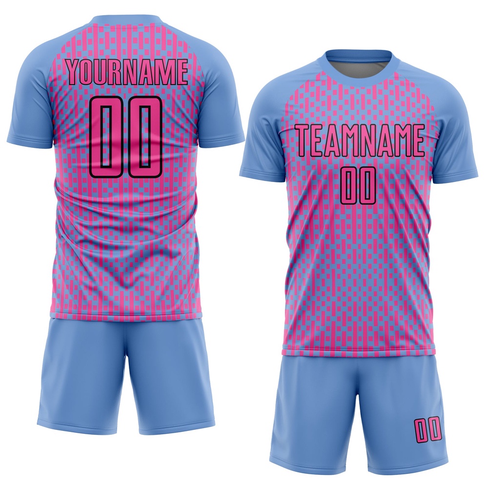 Light Blue Pink Black Abstract Geometric Shapes Sublimation Soccer Uniform Jersey, Custom Team Soccer Jersey Shirt