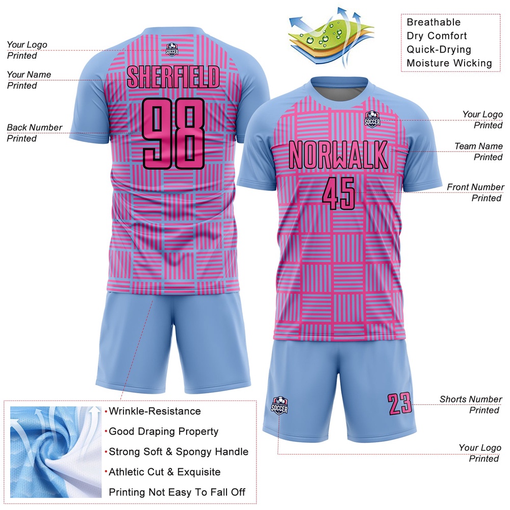 Light Blue Pink Black Lines Sublimation Soccer Uniform Jersey, Custom Team Soccer Jersey Shirt