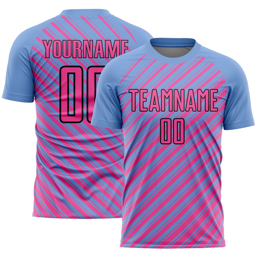 Light Blue Pink Black Slash Sublimation Soccer Uniform Jersey, Custom Team Soccer Jersey Shirt