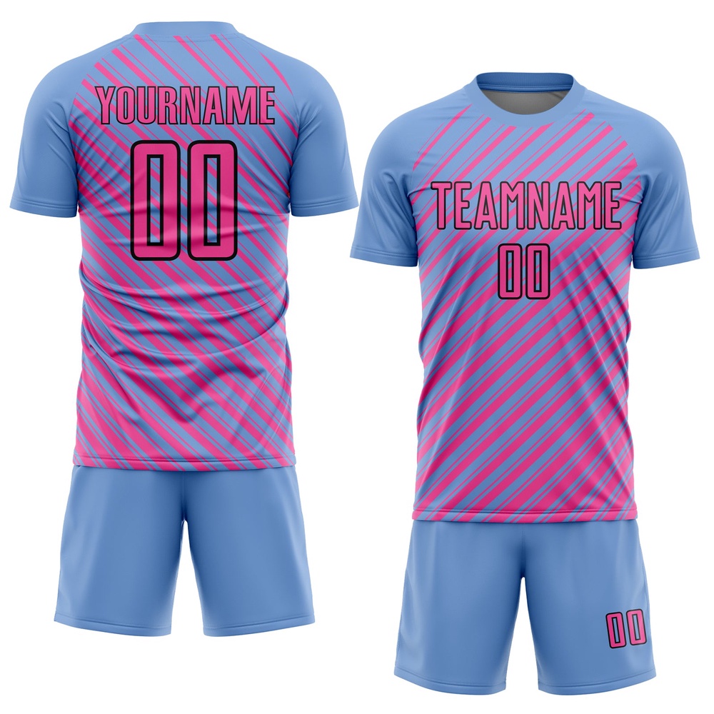 Light Blue Pink Black Slash Sublimation Soccer Uniform Jersey, Custom Team Soccer Jersey Shirt