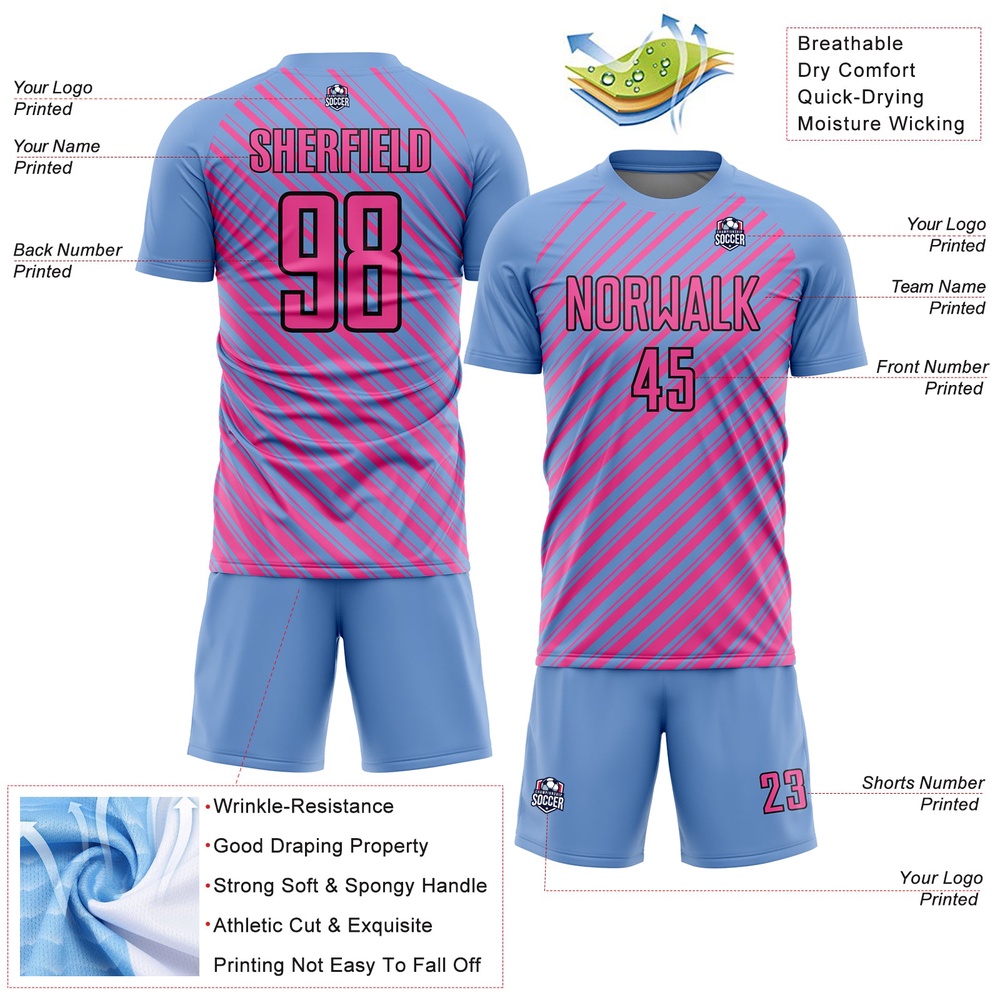 Light Blue Pink Black Slash Sublimation Soccer Uniform Jersey, Custom Team Soccer Jersey Shirt