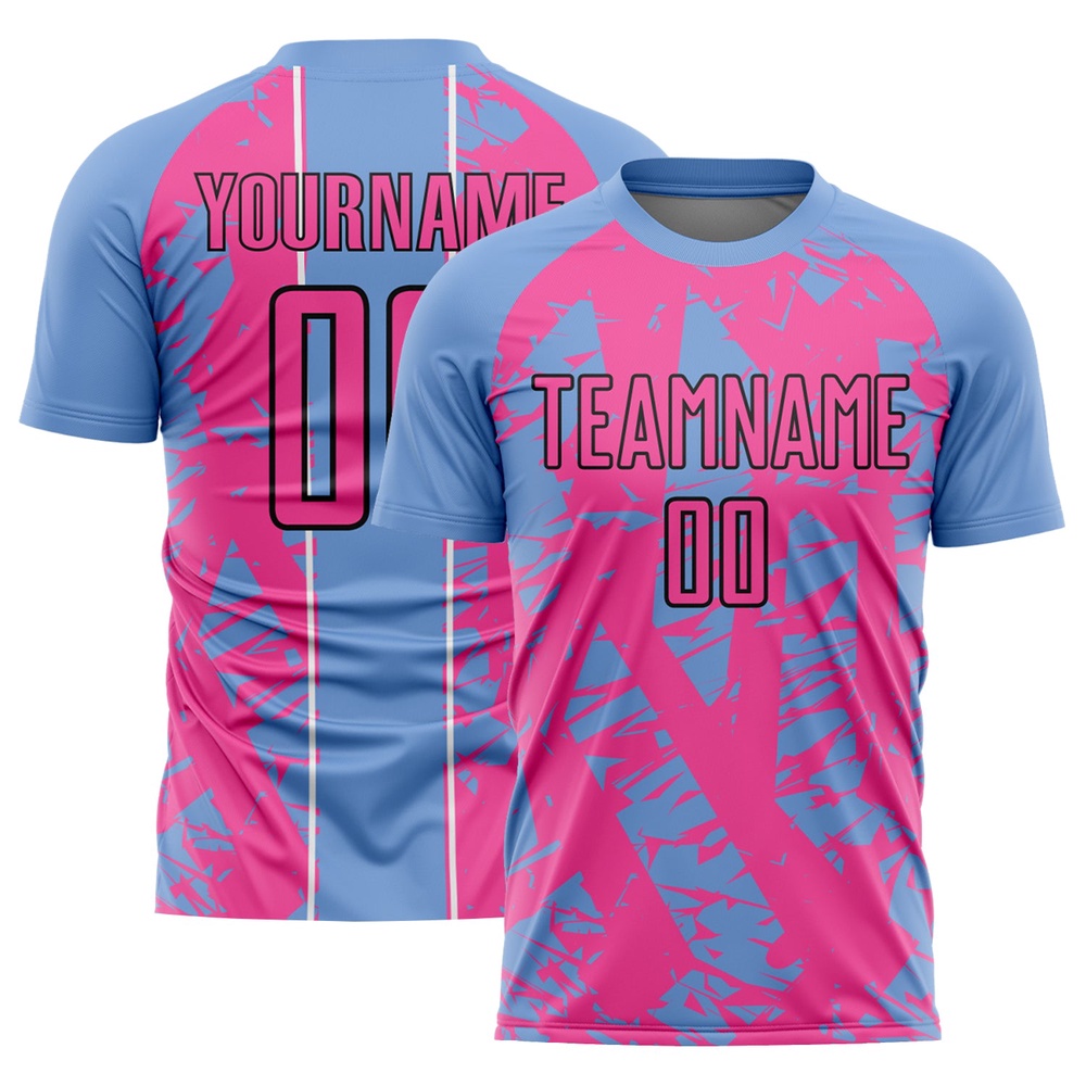 Light Blue Pink White Irregular Shapes Sublimation Soccer Uniform Jersey, Custom Team Soccer Jersey Shirt