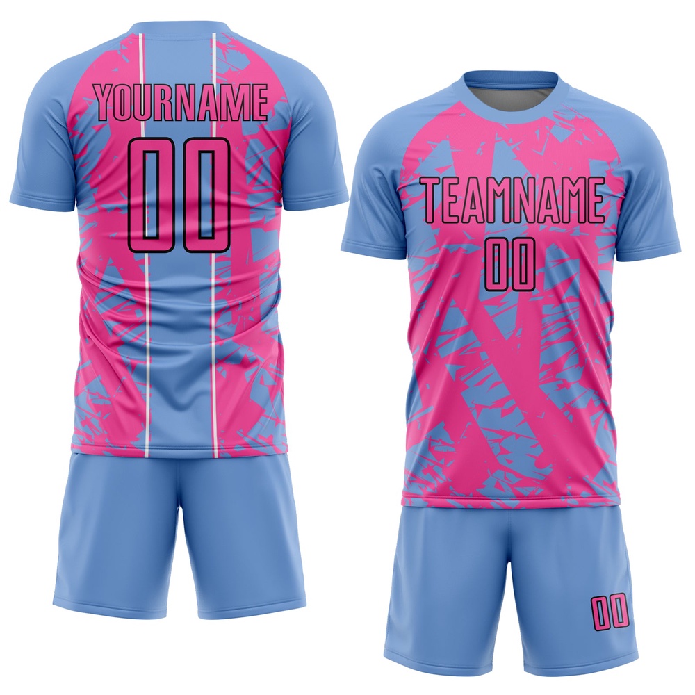 Light Blue Pink White Irregular Shapes Sublimation Soccer Uniform Jersey, Custom Team Soccer Jersey Shirt