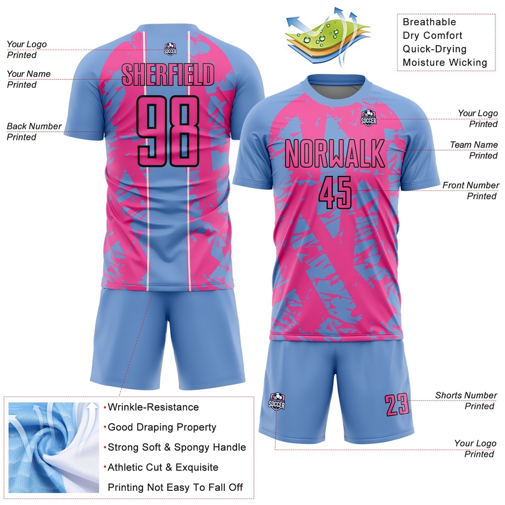 Light Blue Pink White Irregular Shapes Sublimation Soccer Uniform Jersey, Custom Team Soccer Jersey Shirt