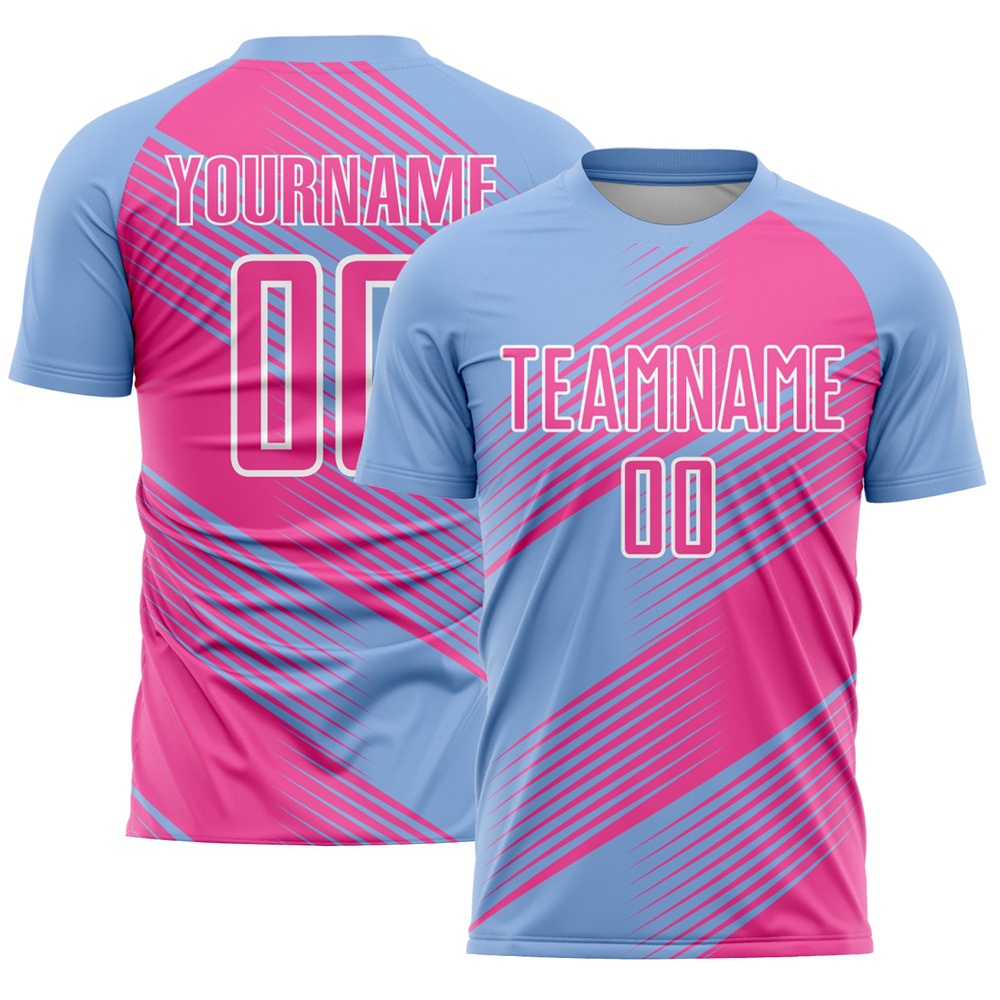 Light Blue Pink White Line Sublimation Soccer Uniform Jersey, Custom Team Soccer Jersey Shirt