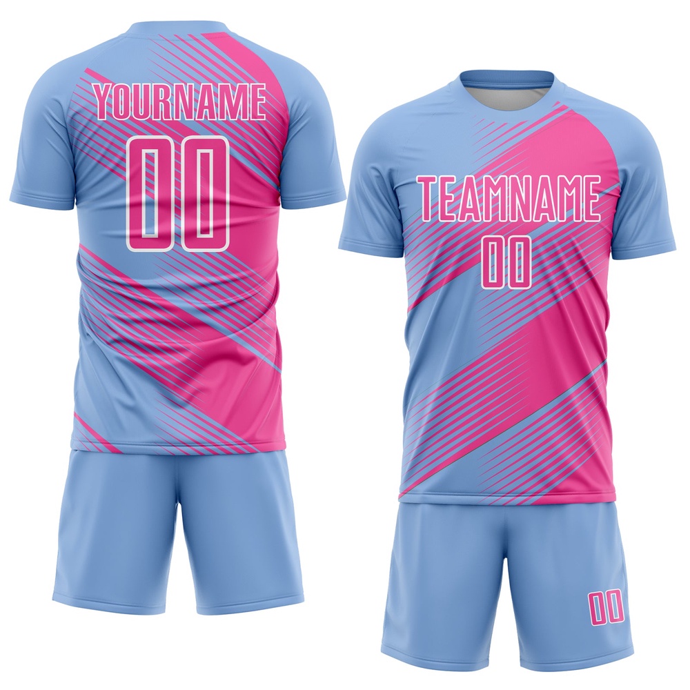 Light Blue Pink White Line Sublimation Soccer Uniform Jersey, Custom Team Soccer Jersey Shirt
