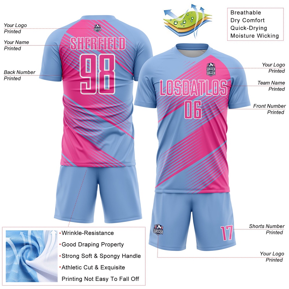Light Blue Pink White Line Sublimation Soccer Uniform Jersey, Custom Team Soccer Jersey Shirt