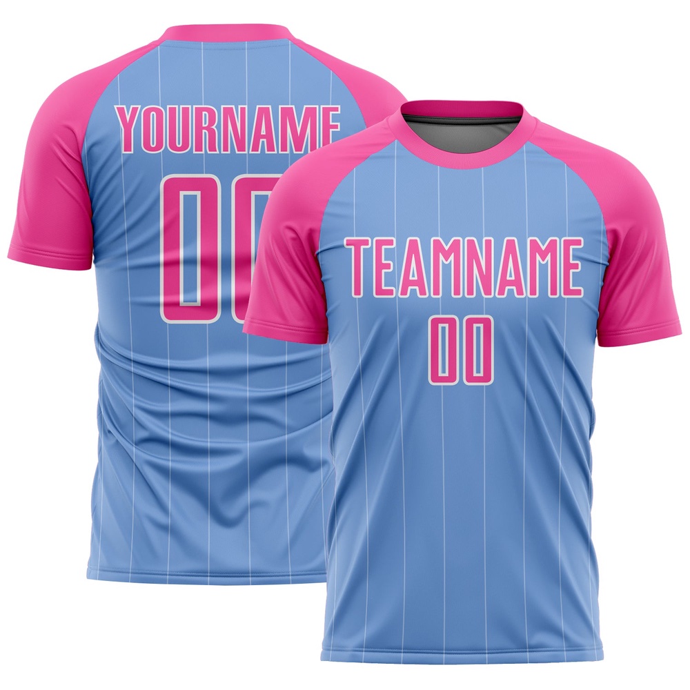Light Blue Pink White Pinstripe Sublimation Soccer Uniform Jersey, Custom Team Soccer Jersey Shirt