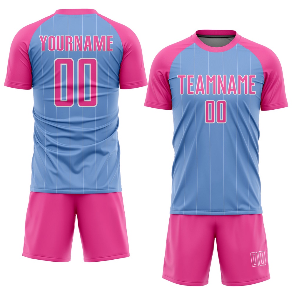 Light Blue Pink White Pinstripe Sublimation Soccer Uniform Jersey, Custom Team Soccer Jersey Shirt