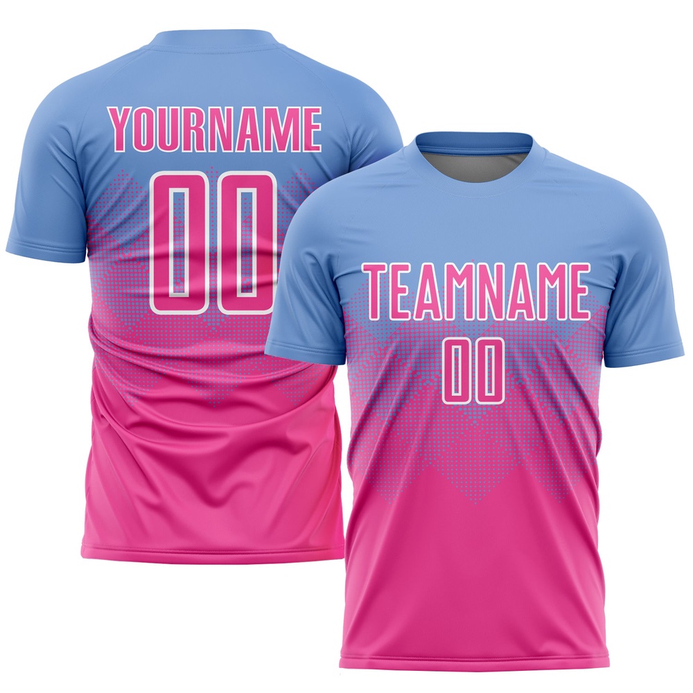 Light Blue Pink White Sublimation Soccer Uniform Jersey, Custom Team Soccer Jersey Shirt