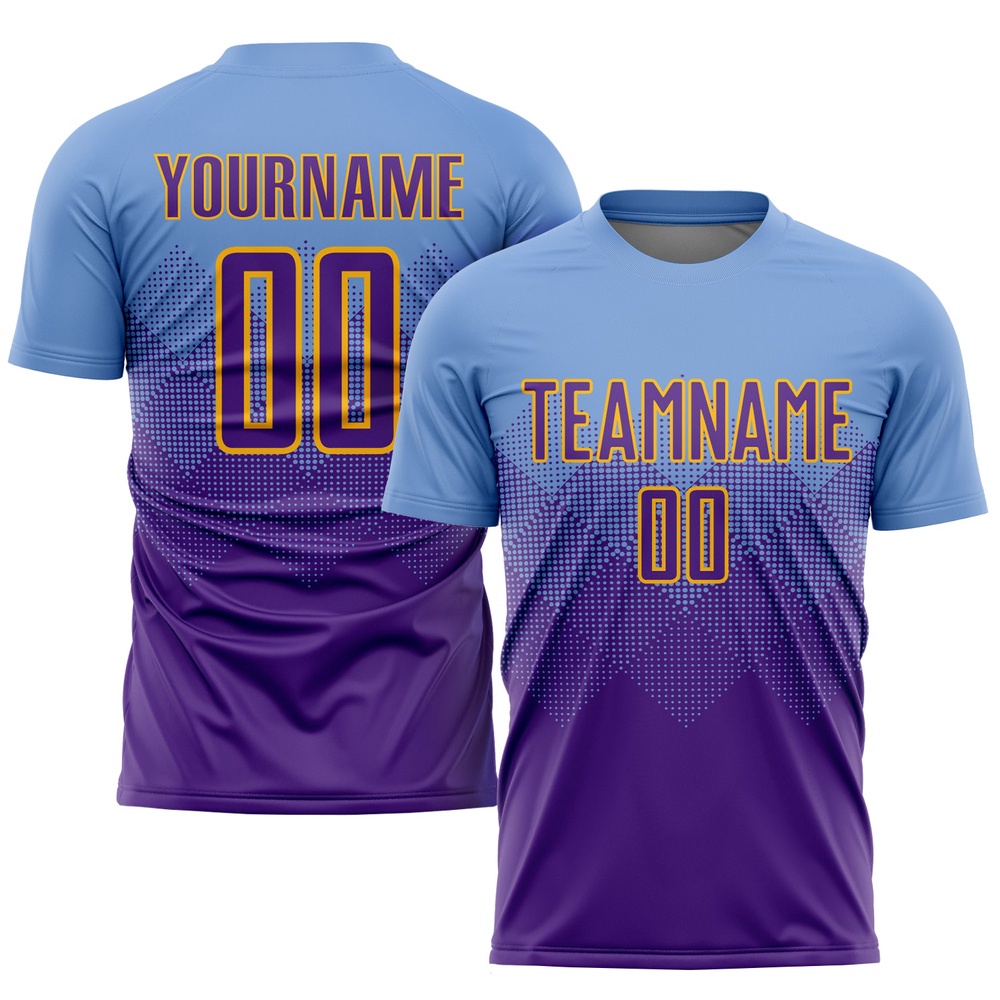 Light Blue Purple Gold Sublimation Soccer Uniform Jersey, Custom Team Soccer Jersey Shirt