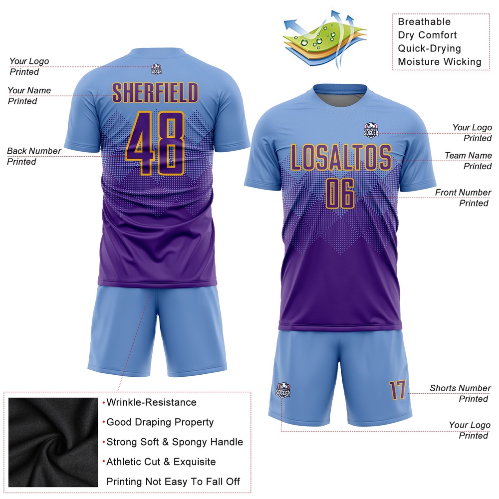 Light Blue Purple Gold Sublimation Soccer Uniform Jersey, Custom Team Soccer Jersey Shirt