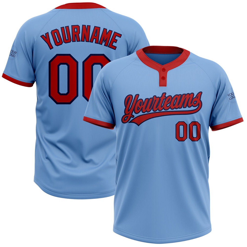 Light Blue Red Navy Two Button Unisex Softball Jersey, Custom Team Softball Jersey