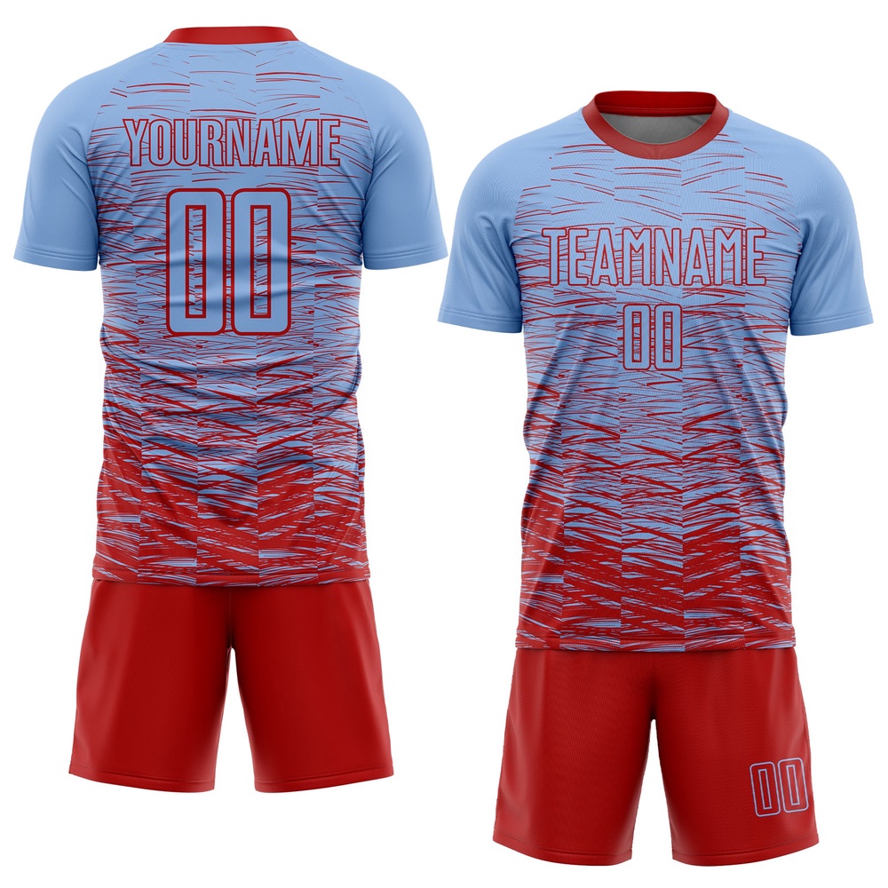 Light Blue Red Sublimation Soccer Uniform Jersey, Custom Team Soccer Jersey Shirt