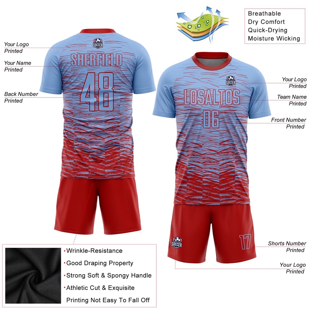 Light Blue Red Sublimation Soccer Uniform Jersey, Custom Team Soccer Jersey Shirt