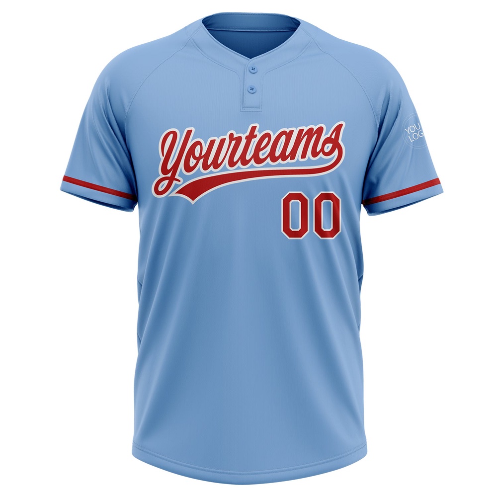 Light Blue Red White Two Button Unisex Softball Jersey, Custom Team Softball Jersey