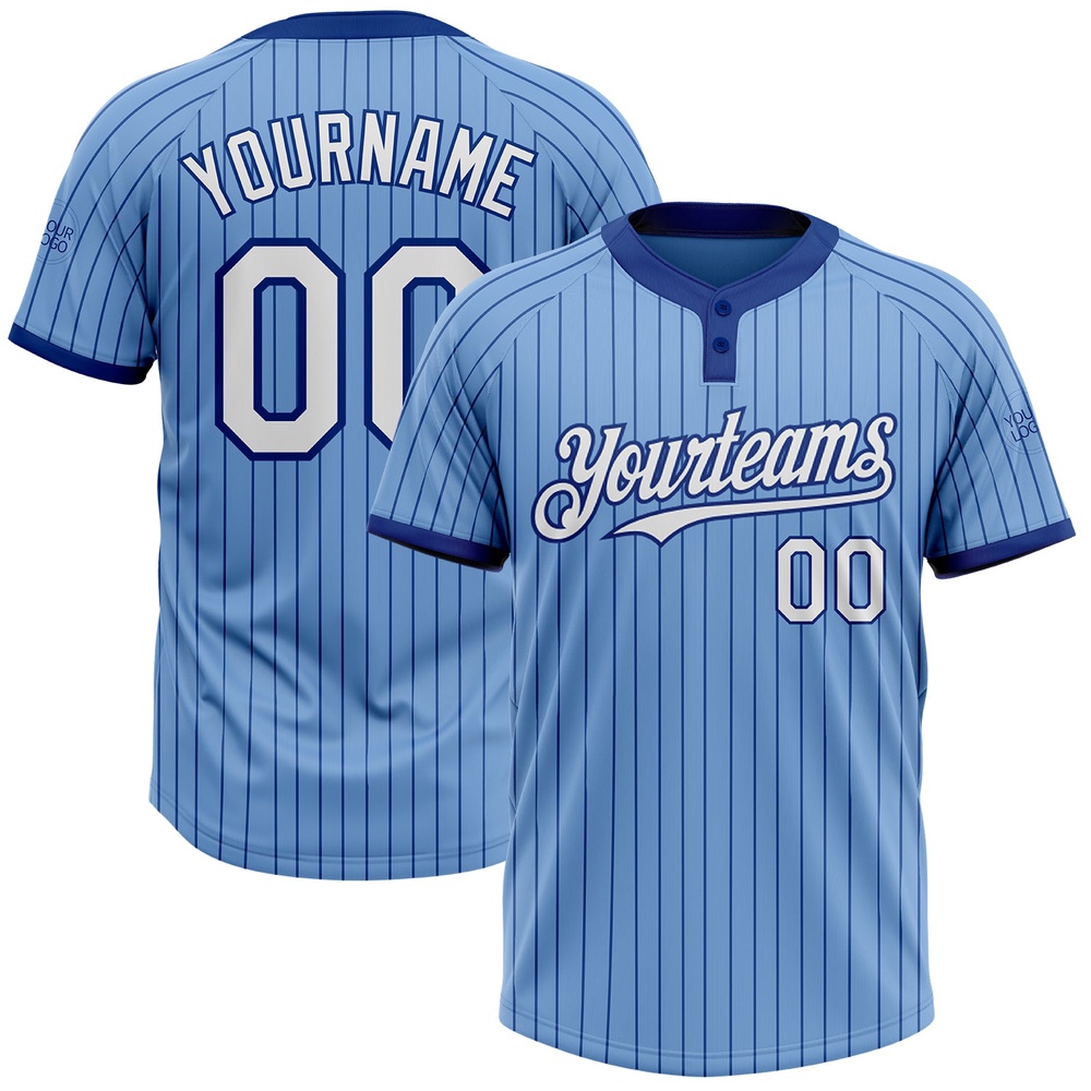 Light Blue Royal Pinstripe White Two Button Unisex Softball Jersey, Custom Team Softball Jersey