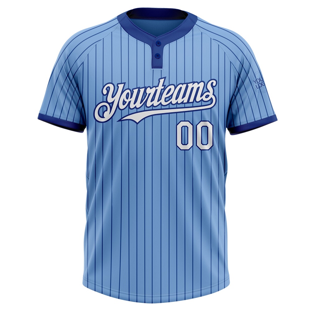 Light Blue Royal Pinstripe White Two Button Unisex Softball Jersey, Custom Team Softball Jersey