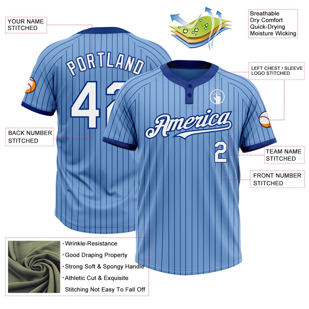 Light Blue Royal Pinstripe White Two Button Unisex Softball Jersey, Custom Team Softball Jersey