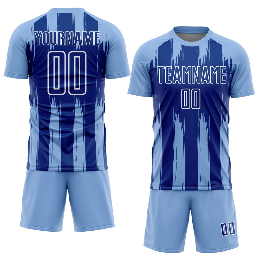 Light Blue Royal White Abstract Stripes Sublimation Soccer Uniform Jersey, Custom Team Soccer Jersey Shirt