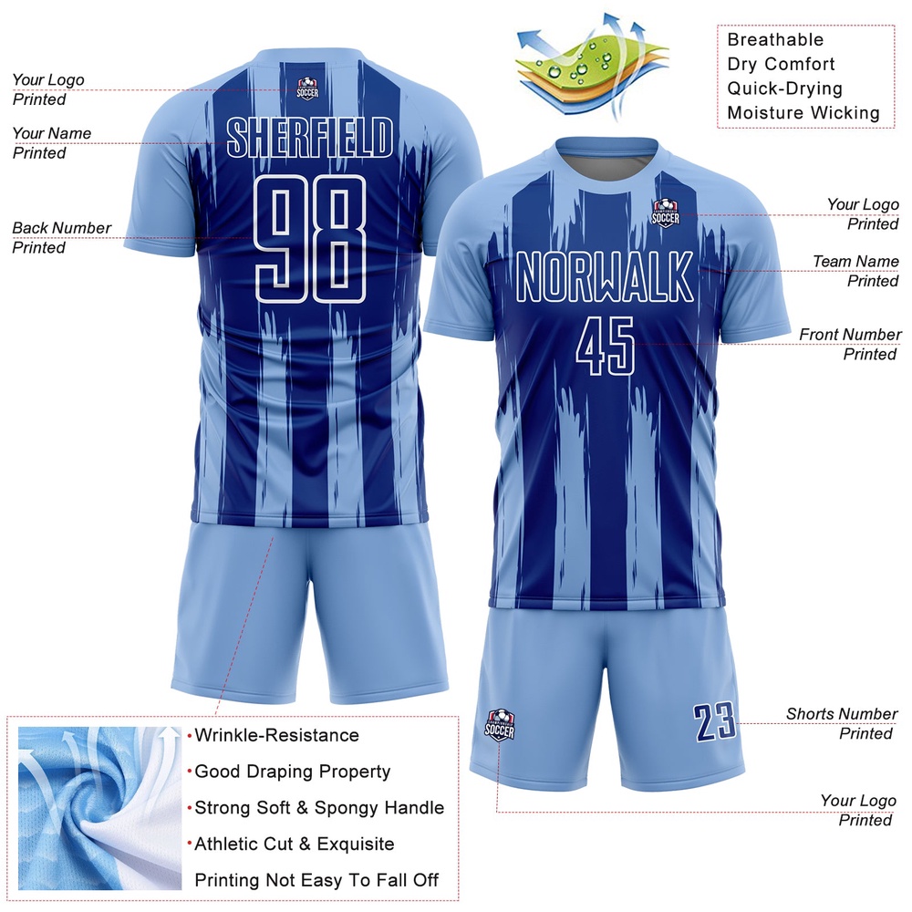 Light Blue Royal White Abstract Stripes Sublimation Soccer Uniform Jersey, Custom Team Soccer Jersey Shirt