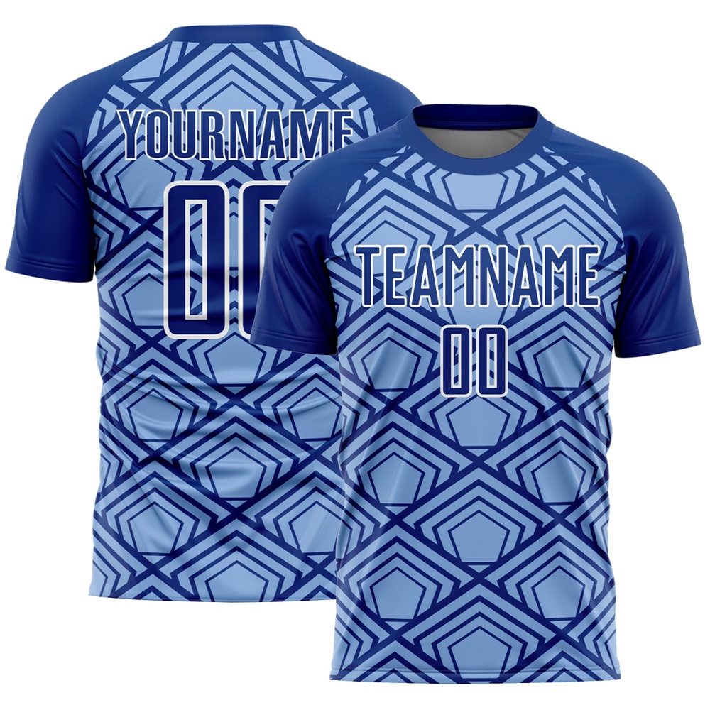 Light Blue Royal White Geometric Pattern Sublimation Soccer Uniform Jersey, Custom Team Soccer Jersey Shirt