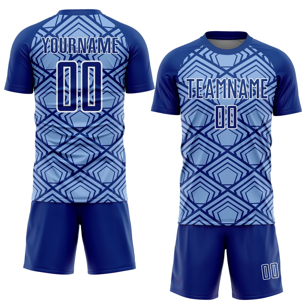Light Blue Royal White Geometric Pattern Sublimation Soccer Uniform Jersey, Custom Team Soccer Jersey Shirt