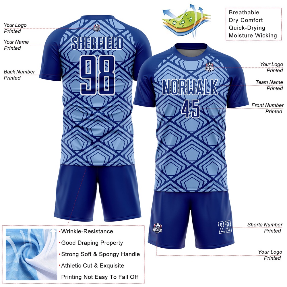 Light Blue Royal White Geometric Pattern Sublimation Soccer Uniform Jersey, Custom Team Soccer Jersey Shirt