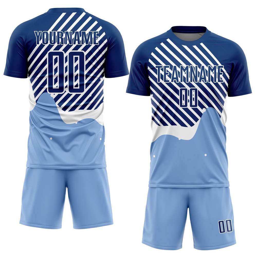 Light Blue Royal White Lines Sublimation Soccer Uniform Jersey, Custom Team Soccer Jersey Shirt