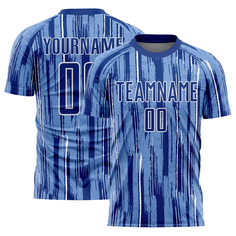 Light Blue Royal White Pinstripe Sublimation Soccer Uniform Jersey, Custom Team Soccer Jersey Shirt