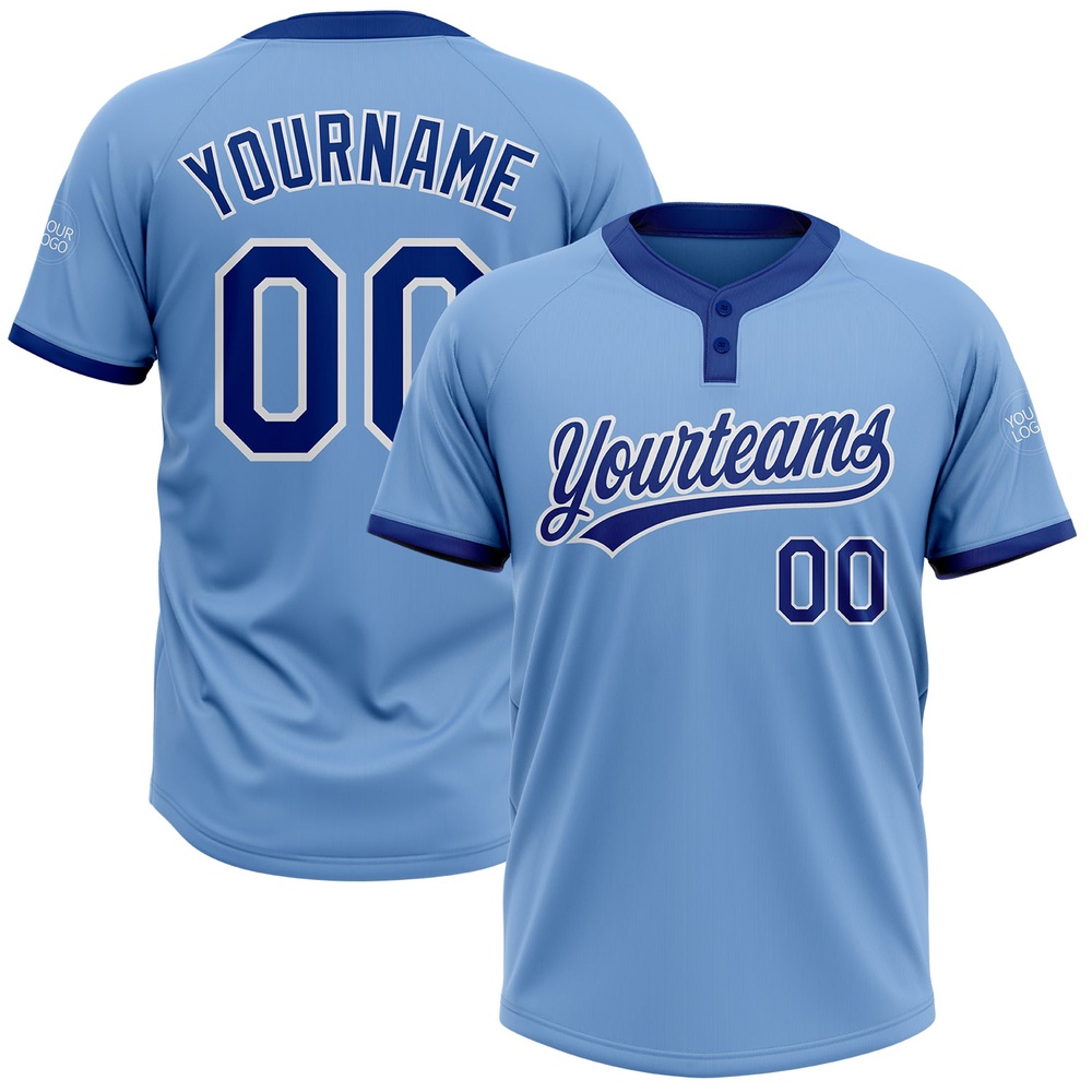 Light Blue Royal White Two Button Unisex Softball Jersey, Custom Team Softball Jersey