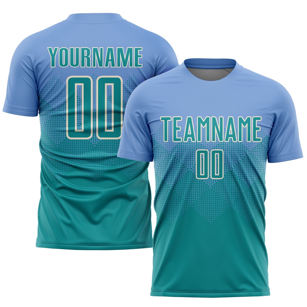 Light Blue Teal Cream Sublimation Soccer Uniform Jersey, Custom Team Soccer Jersey Shirt