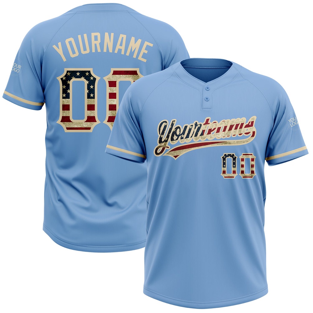 Light Blue Vintage USA Flag City Cream Two Button Unisex Softball Jersey, Custom Team Softball Jersey