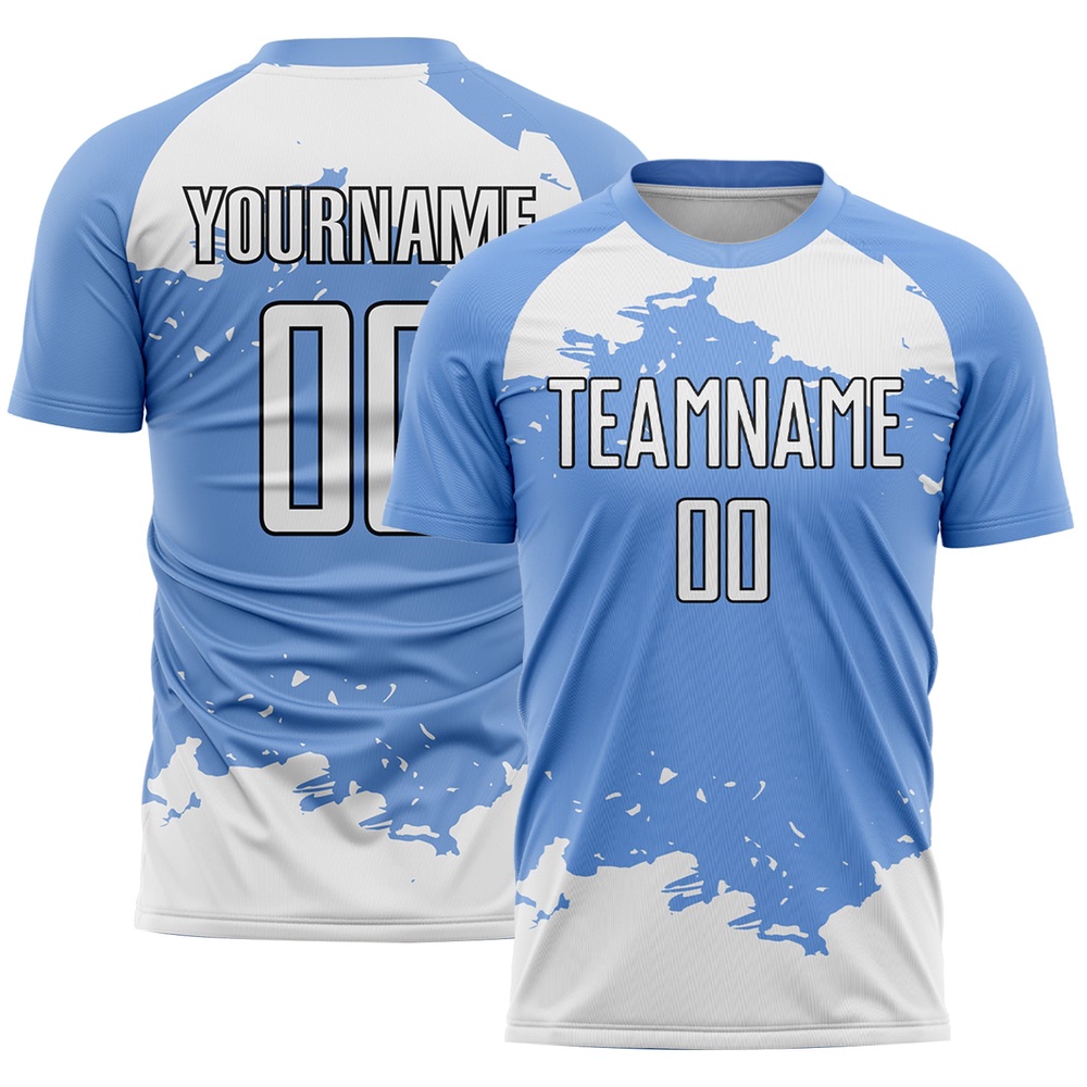 Light Blue White Black Abstract Fragment Art Sublimation Soccer Uniform Jersey, Custom Team Soccer Jersey Shirt