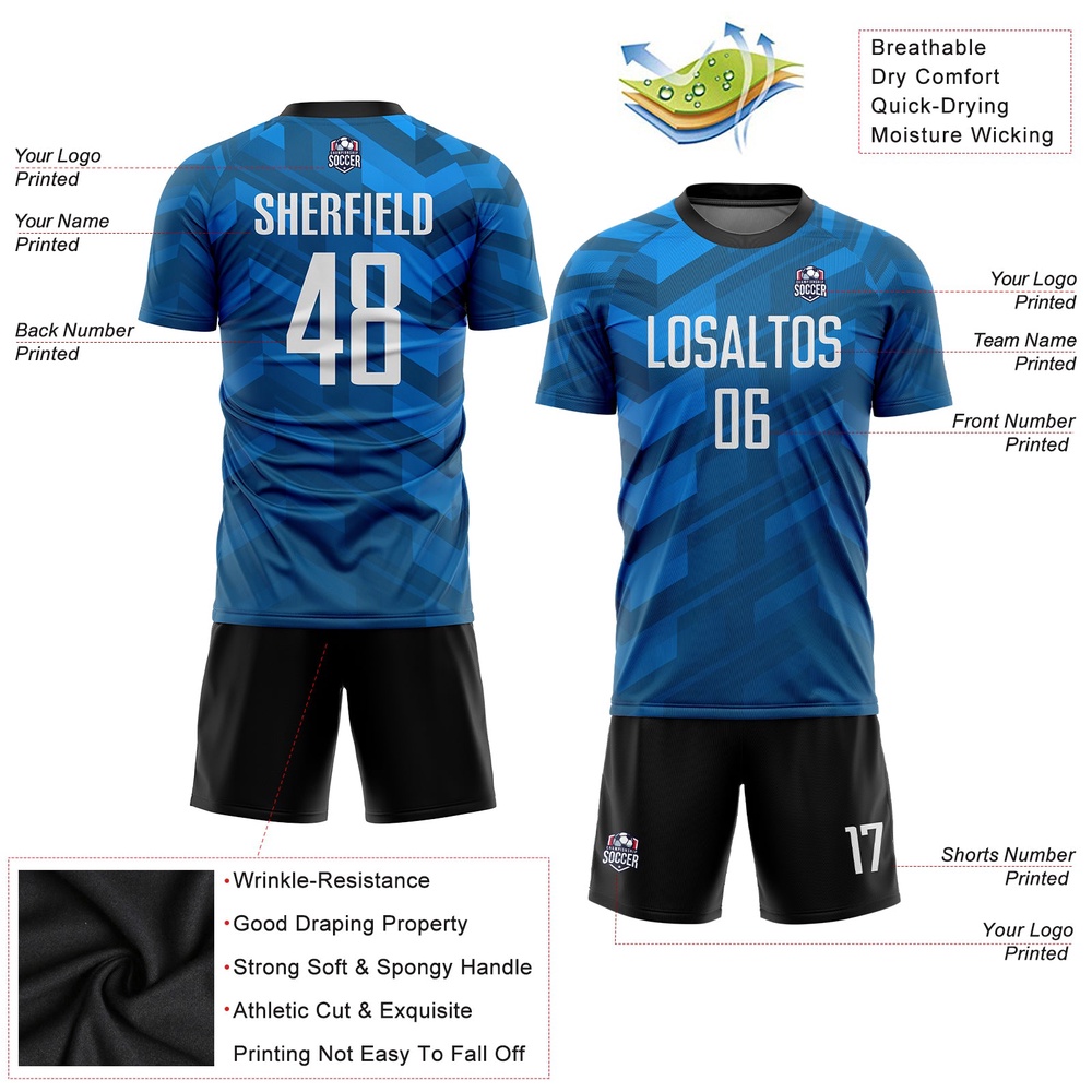 Light Blue White Black Sublimation Soccer Uniform Jersey, Custom Team Soccer Jersey Shirt