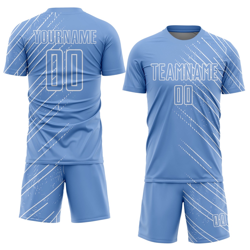 Light Blue White Lines Sublimation Soccer Uniform Jersey, Custom Team Soccer Jersey Shirt