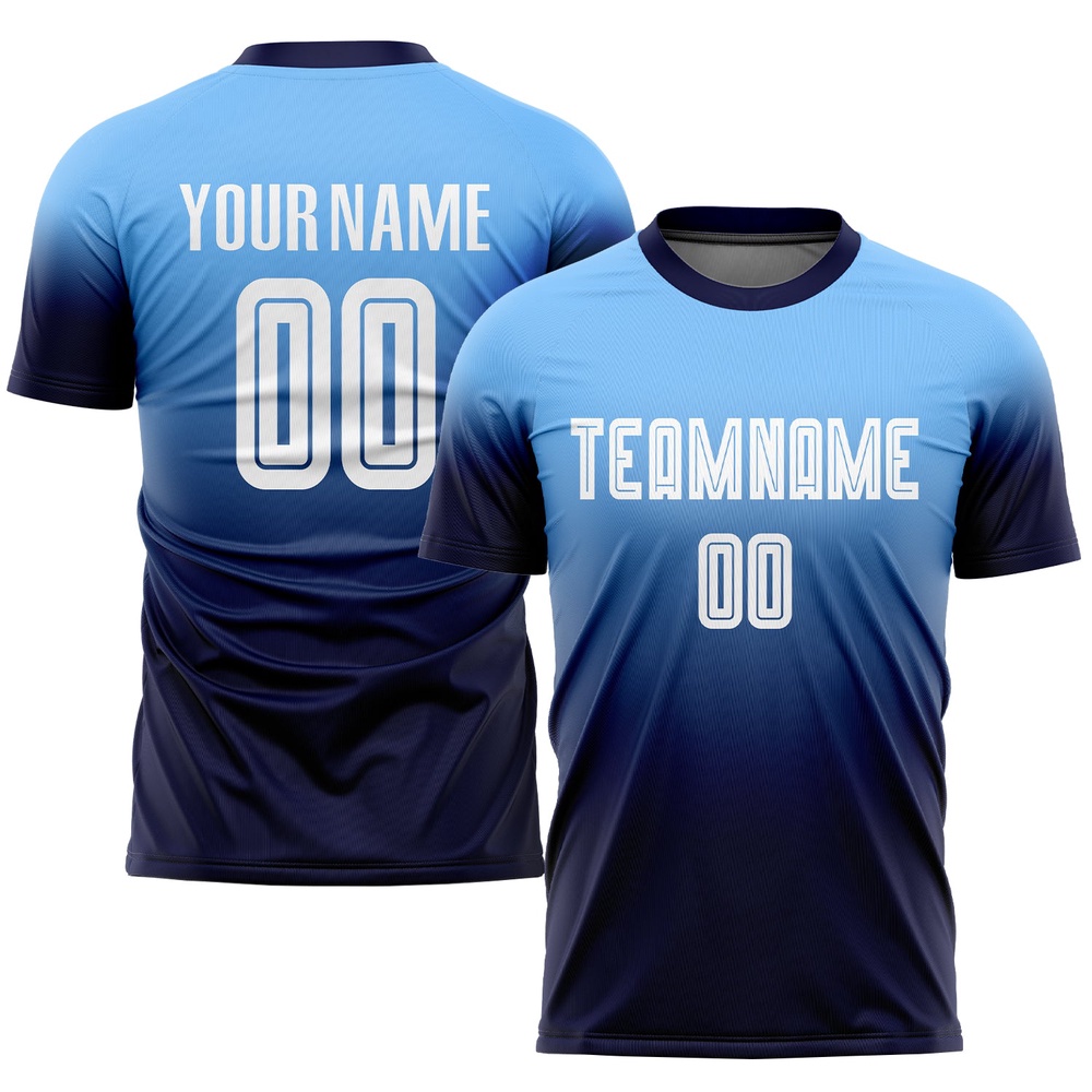 Light Blue White Navy Sublimation Fade Fashion Soccer Uniform Jersey, Custom Team Soccer Jersey Shirt