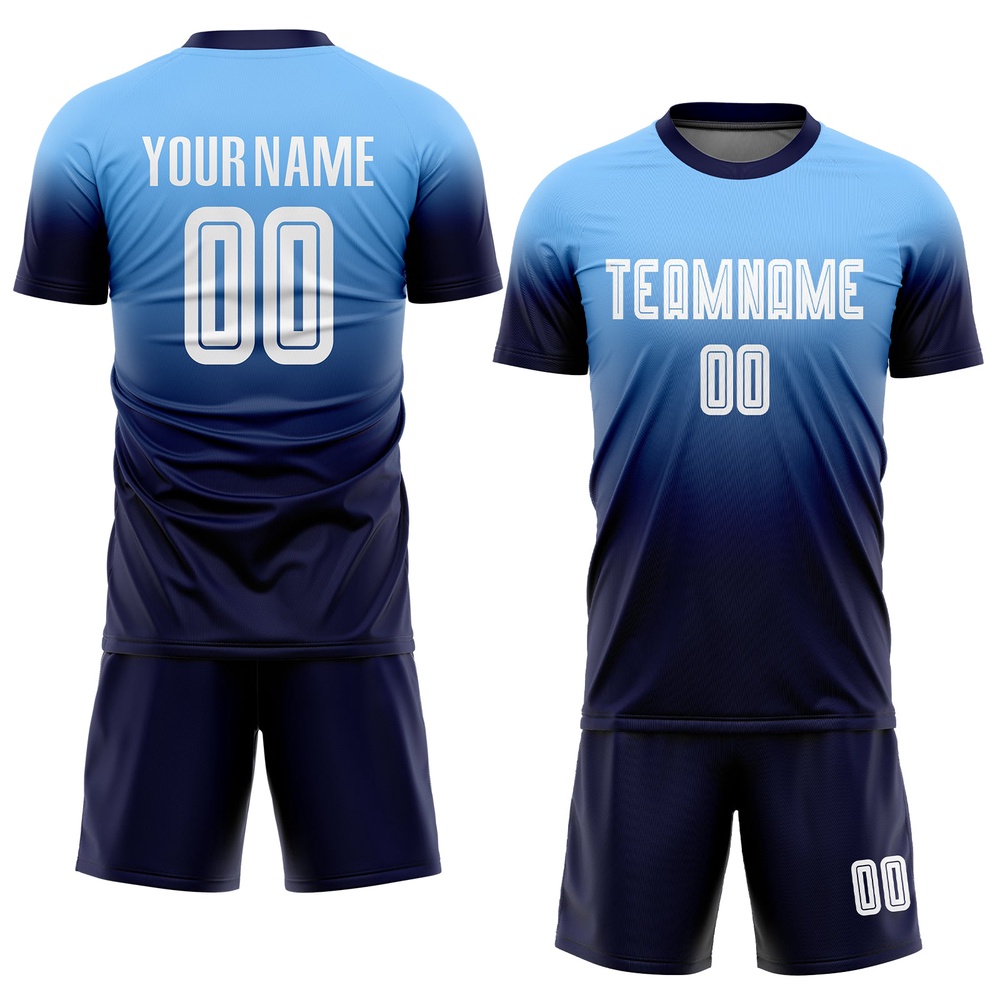 Light Blue White Navy Sublimation Fade Fashion Soccer Uniform Jersey, Custom Team Soccer Jersey Shirt