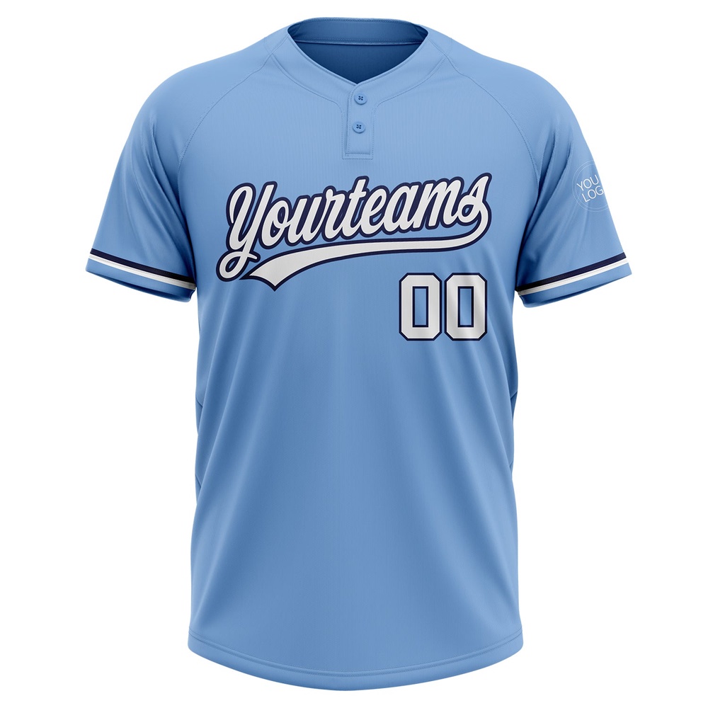Light Blue White Navy Two Button Unisex Softball Jersey, Custom Team Softball Jersey