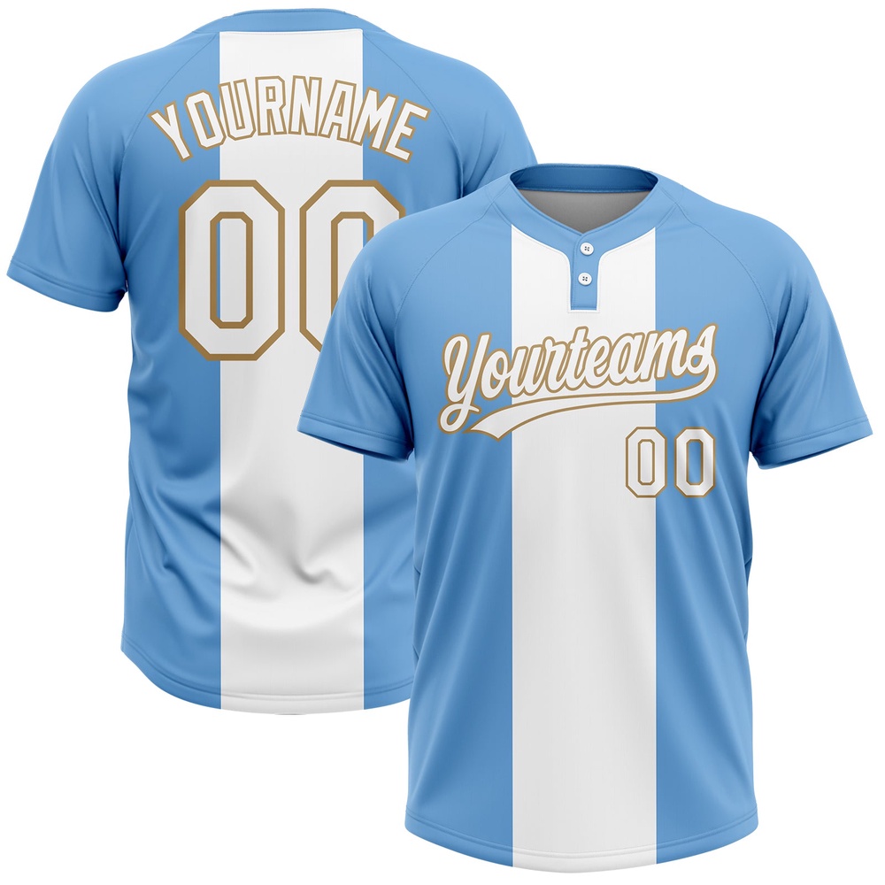 Light Blue White Old Gold 3D Pattern Two Button Unisex Softball Jersey, Custom Team Softball Jersey