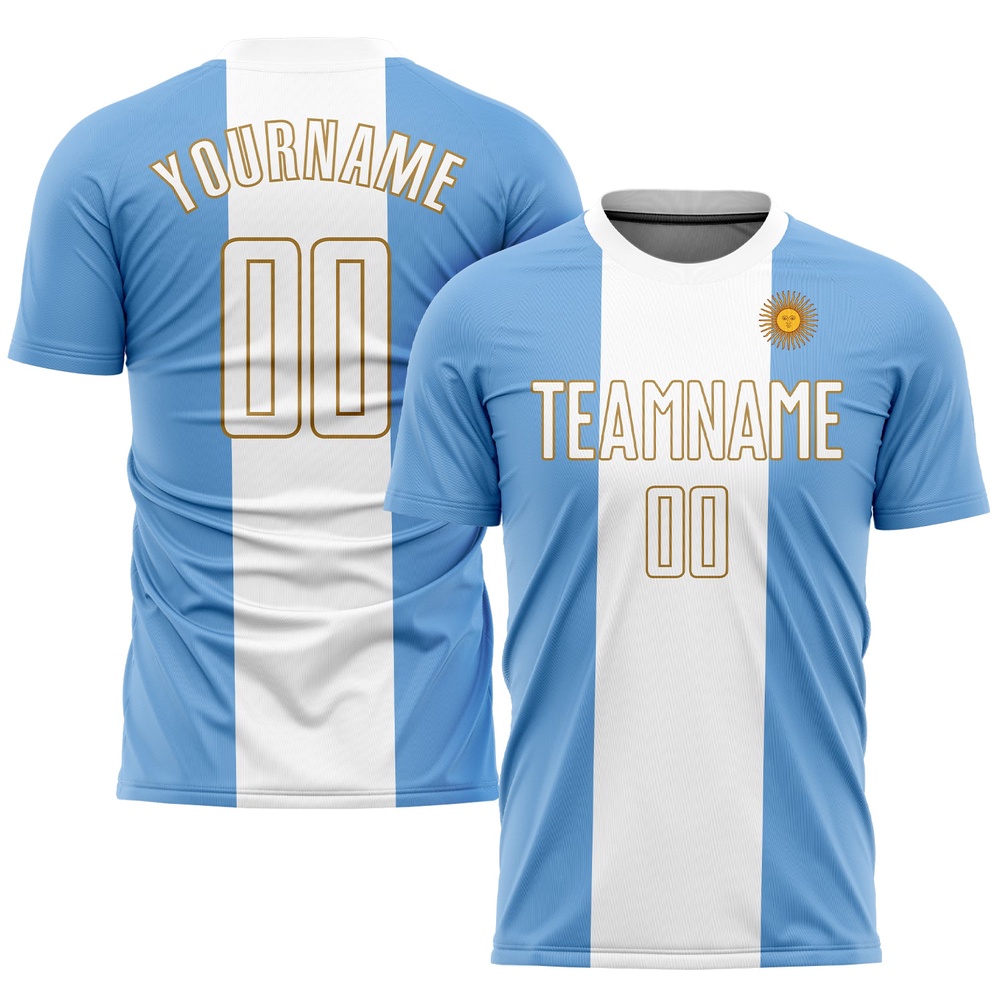 Light Blue White Old Gold Sublimation Argentinian Flag Soccer Uniform Jersey, Custom Team Soccer Jersey Shirt