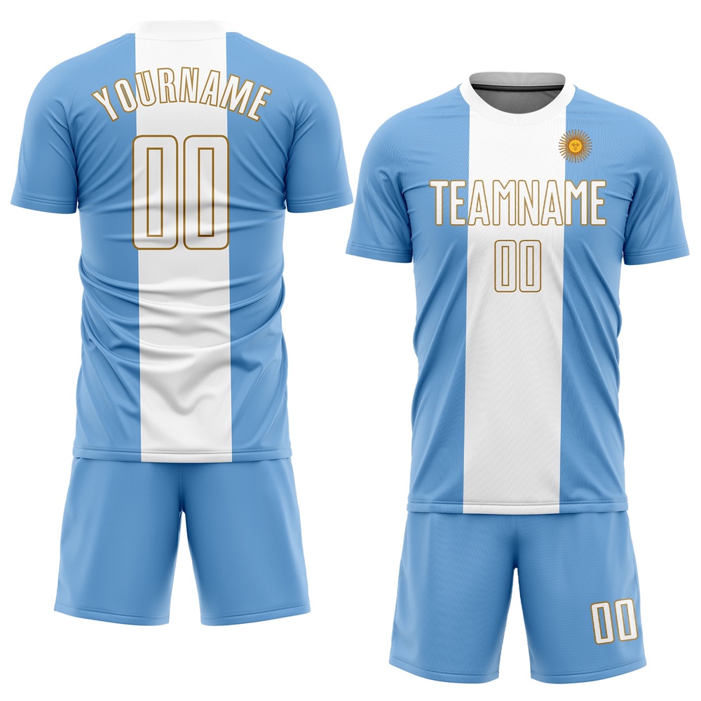 Light Blue White Old Gold Sublimation Argentinian Flag Soccer Uniform Jersey, Custom Team Soccer Jersey Shirt