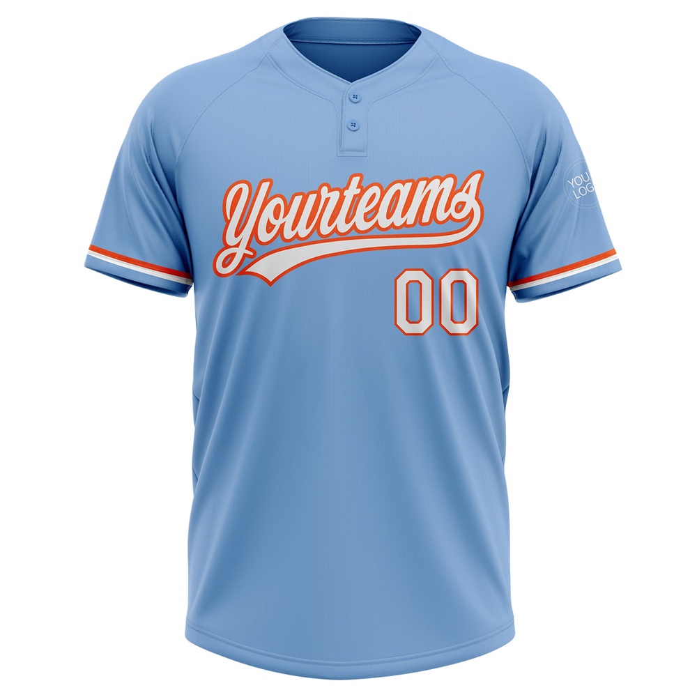 Light Blue White Orange Two Button Unisex Softball Jersey, Custom Team Softball Jersey