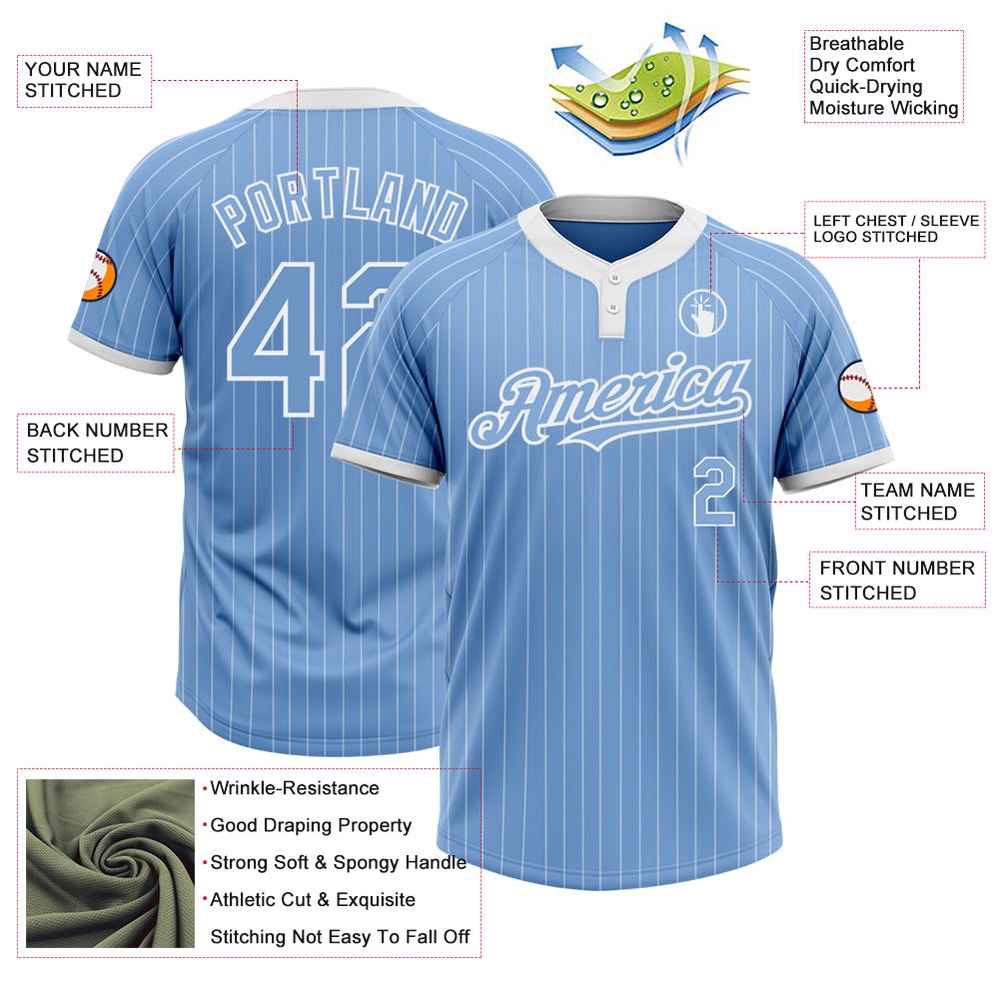 Light Blue White Pinstripe White Two Button Unisex Softball Jersey, Custom Team Softball Jersey