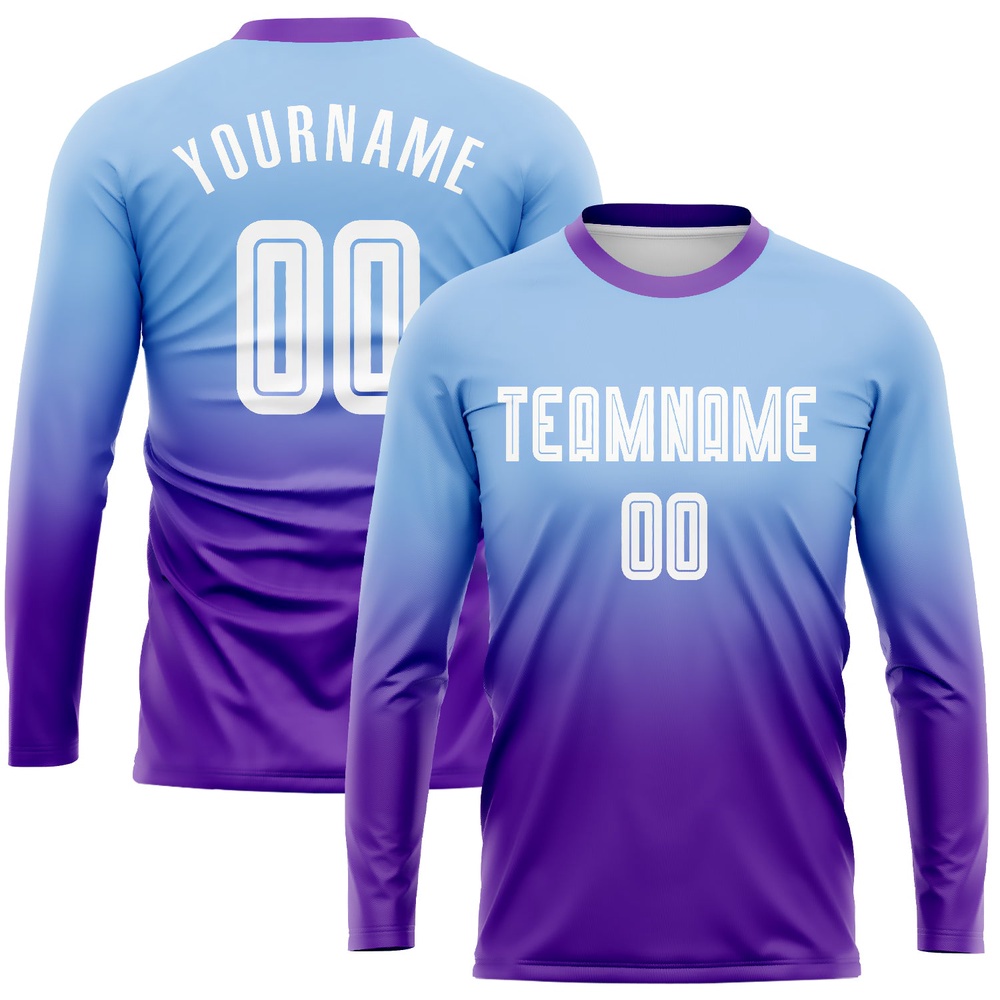 Light Blue White Purple Sublimation Long Sleeve Fade Fashion Soccer Uniform Jersey, Custom Team Soccer Jersey Shirt