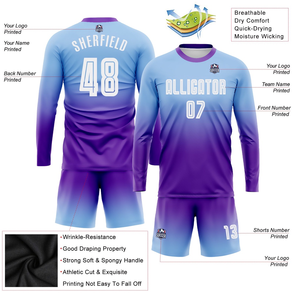 Light Blue White Purple Sublimation Long Sleeve Fade Fashion Soccer Uniform Jersey, Custom Team Soccer Jersey Shirt