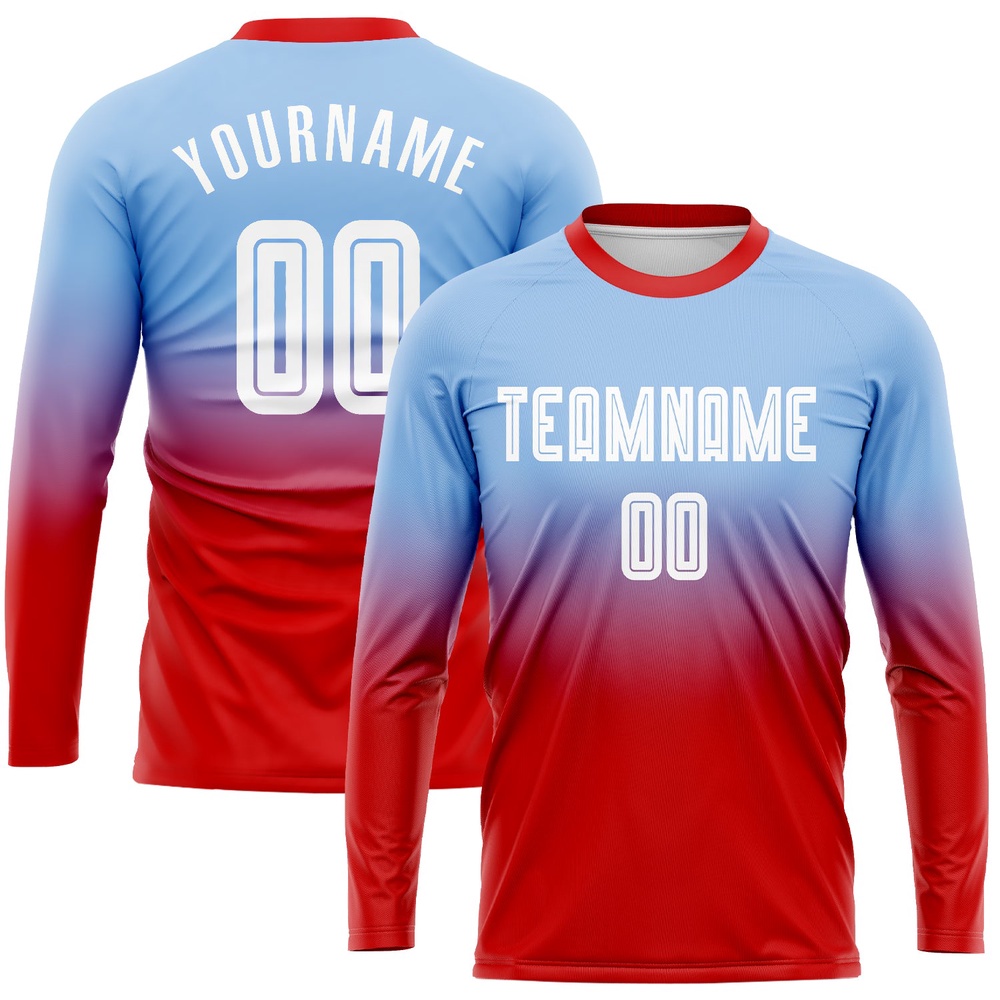 Light Blue White Red Sublimation Long Sleeve Fade Fashion Soccer Uniform Jersey, Custom Team Soccer Jersey Shirt